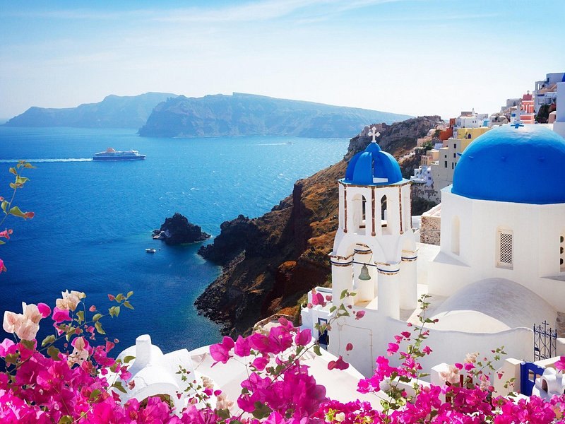 Bougainvillea in front of blue-domed churches on the caldera rim
