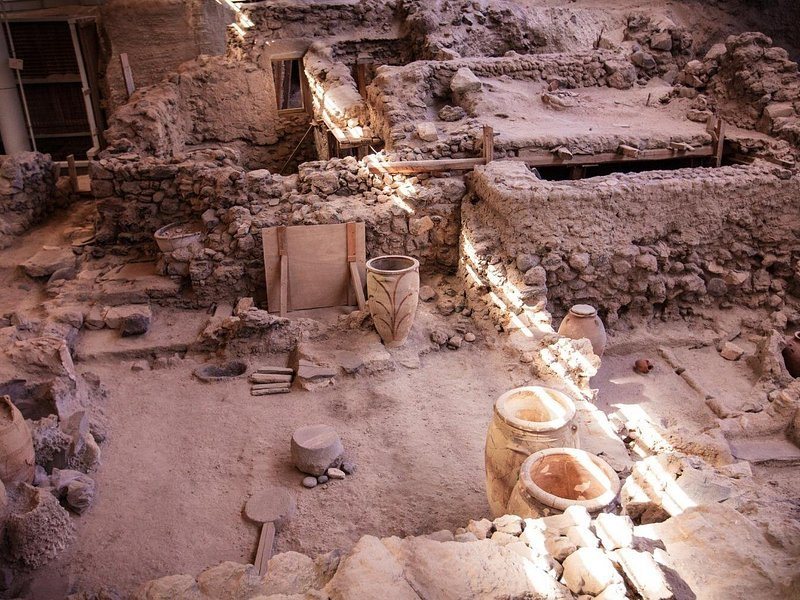 Bronze Age storage jars standing where they were left in the Akrotiri excavation