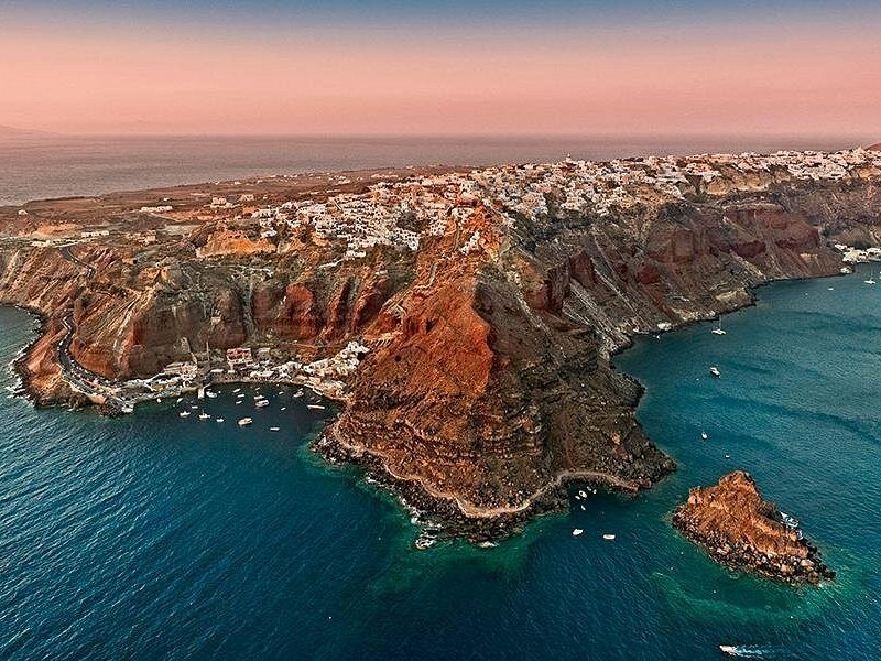 The caldera and the red headland at Akrotiri seen from the air